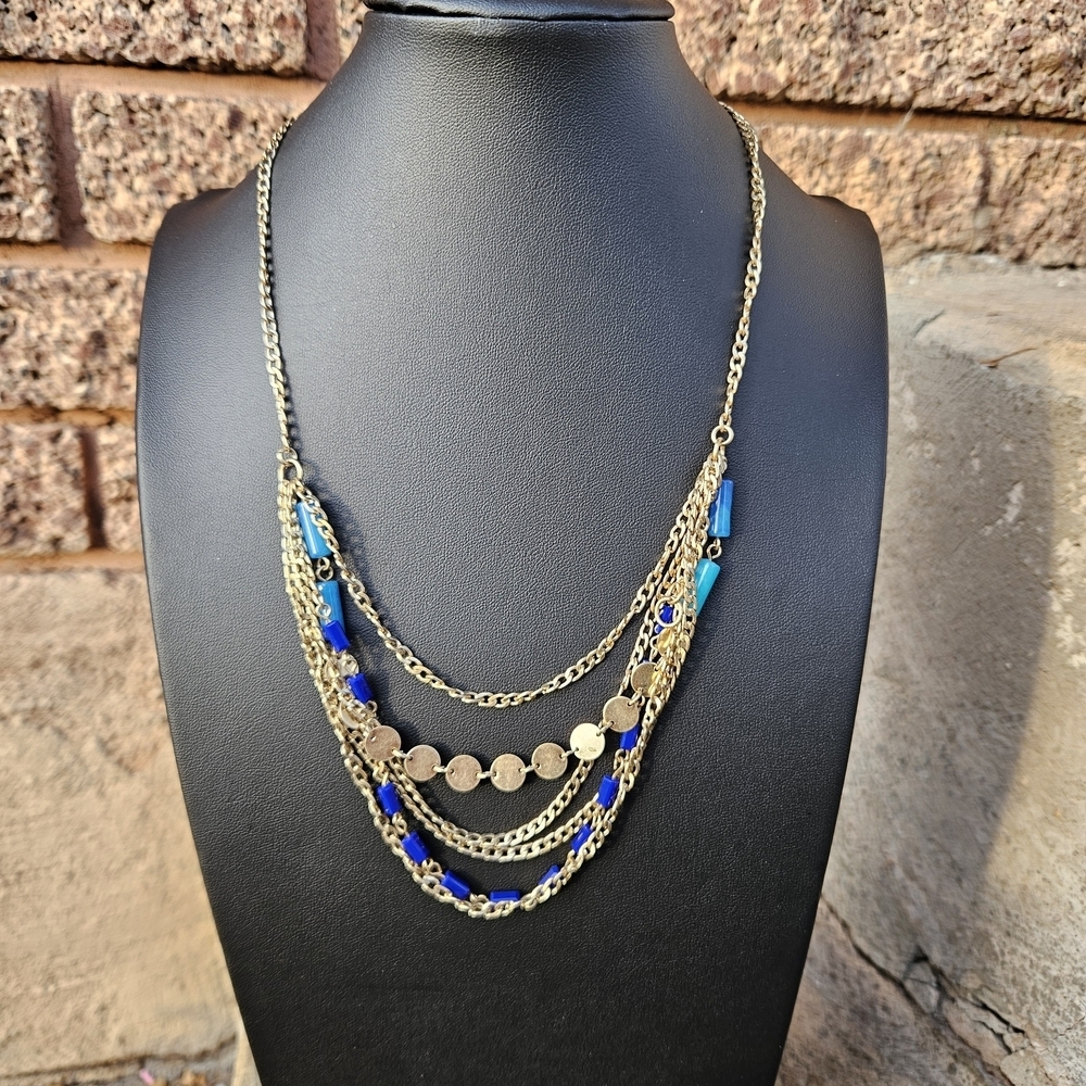 Light Gold and Blue Layered Statement Necklace Costume Women'd Jewelry
